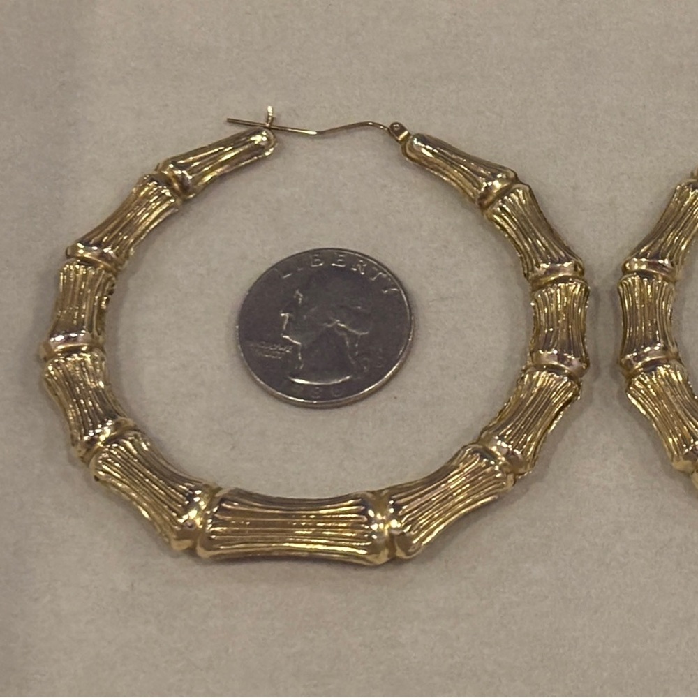 Huge 10K Yellow Gold Graduated Diamond Cut Bamboo Hoop Earrings
